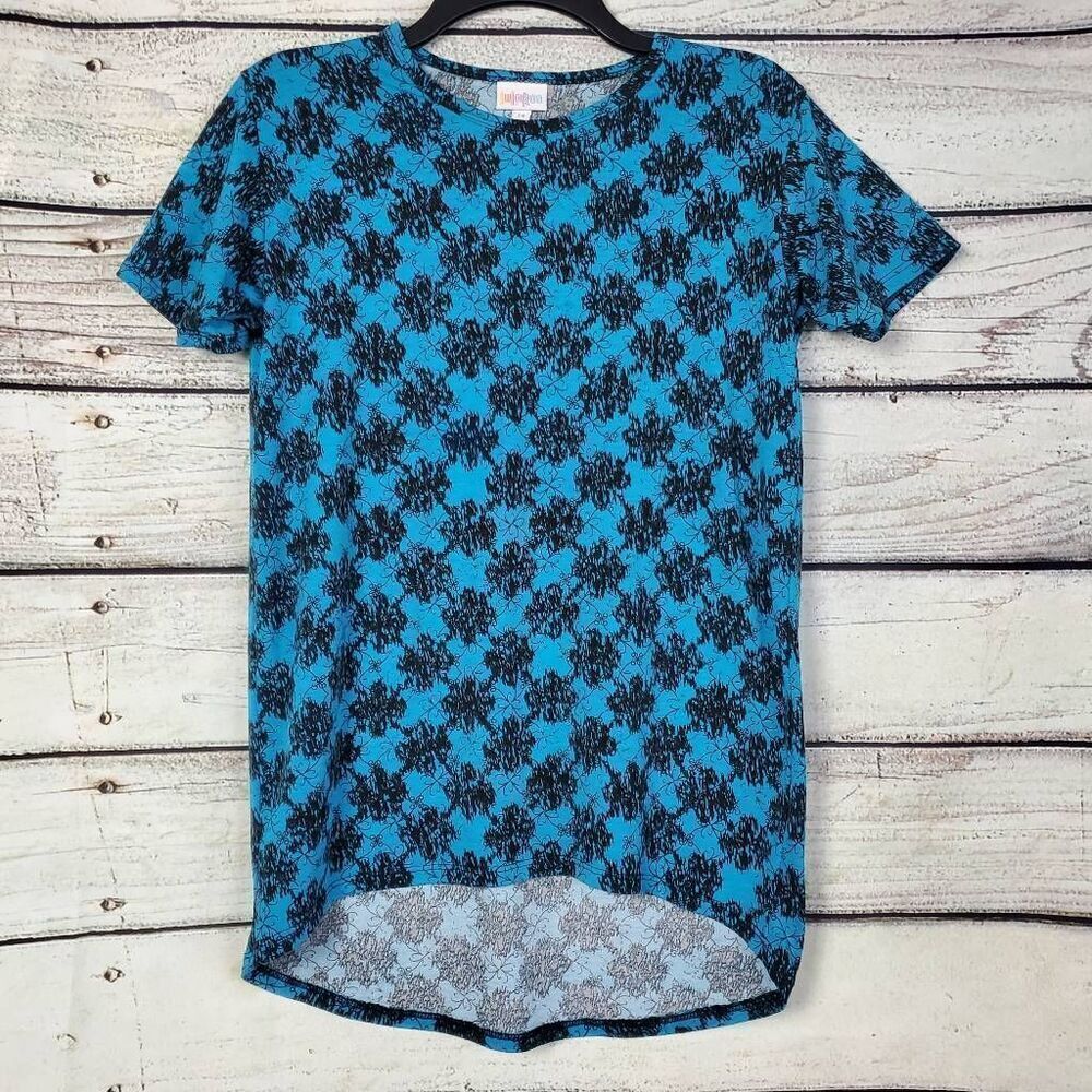LuLaRoe Girls Tunic Shirt Size 14 Blue Black Floral Hi-Low Hem Stretchy USA Made